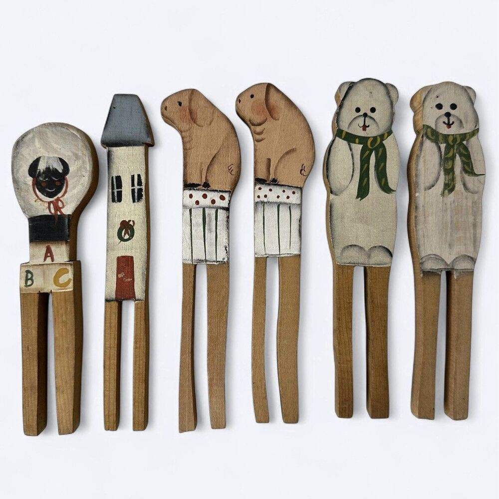 Primitive Handcrafted Wood Clothespins Set of 6 Folk Art Bears Sheep Pigs Decor